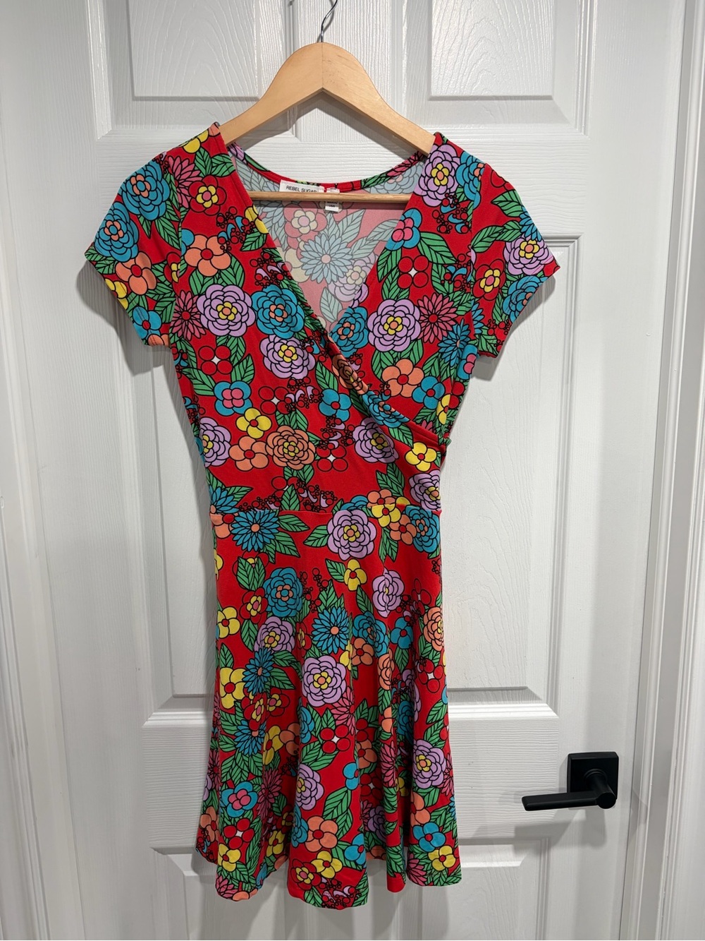 Rebel Sugar Red Floral Mock Wrap Short Sleeve Mini Dress